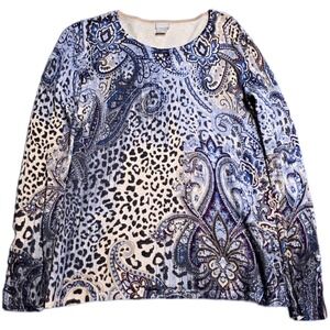 Chicos Long Sleeve Scoopneck Blouse Women's Size S Blue Leopard Paisley Print